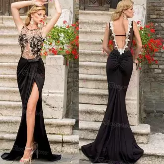 Fashionable Black Scoop Backless Lace and Appliques Evening Party Dresses Sweep Train Sleeveless