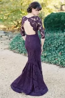 High End Dark Purple Sleeveless Lace Sweep Train Backless Prom Dress for Prom and Party