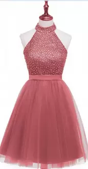 Luxurious Sleeveless Tulle Knee Length Backless Homecoming Gowns in Pink with Beading