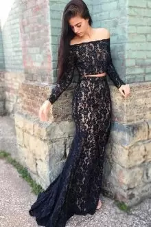 Discount Black Two Pieces Off The Shoulder Sleeveless Lace Sweep Train Lace Up Lace Prom Dress