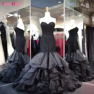 Black Lace Up Prom Evening Gown Sleeveless Sweep Train Lace and Ruffled Layers