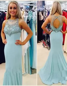 Best Aqua Blue Sleeveless Chiffon Sweep Train Backless Prom Gown for Prom and Party