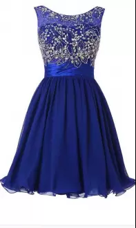 Customized Royal Blue Scoop Neckline Beading Homecoming Gowns Sleeveless Lace Up