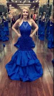 Royal Blue Homecoming Party Dress Halter Top Sleeveless Sweep Train Backless