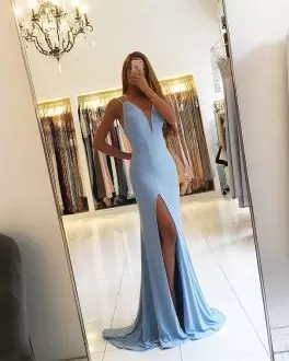 Chiffon Spaghetti Straps Sleeveless Sweep Train Backless Ruching Prom Party Dress in Blue