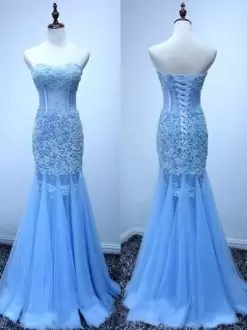 Ideal Lace Blue Lace Up Sleeveless Floor Length Prom Dress