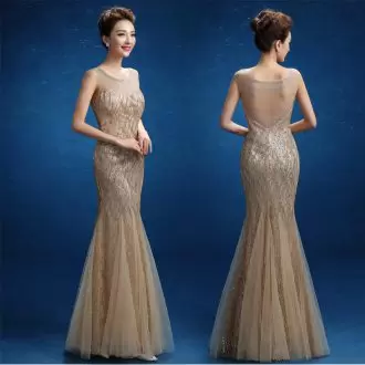 Sparkly Champagne Glitter Tulle Mermaid Sheer Back Prom Dress