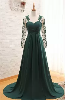 Beading and Lace Homecoming Dress Dark Green Lace Up Long Sleeves Floor Length Sweep Train