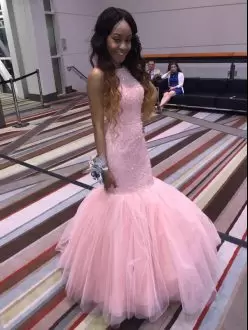 Edgy Sleeveless Tulle Floor Length Lace Up Prom Evening Gown in Pink with Beading