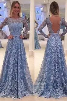 Cheap Blue Backless Homecoming Dress Lace Long Sleeves Floor Length