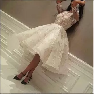 White Lace Lace Up High-neck Half Sleeves Knee Length Prom Party Dress Lace