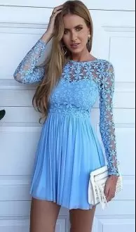 Mini Length Baby Blue Prom Gown Scoop Long Sleeves