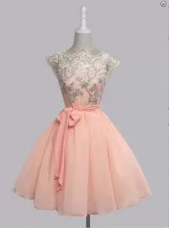 Cap Sleeves Chiffon Mini Length Lace Up Prom Evening Gown in Pink with Appliques