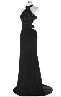 Floor Length Black Prom Evening Gown Chiffon Brush Train Sleeveless Lace