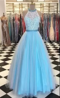 Aqua Blue A-line Halter Top Sleeveless Tulle Floor Length Lace Up Lace Prom Evening Gown