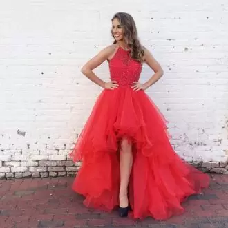 Dramatic Red Lace Up Evening Dresses Beading and Ruffled Layers Sleeveless High Low