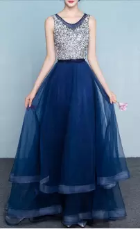 Two Layers Royal Blue and Silver Beaded V Neck Prom Dress