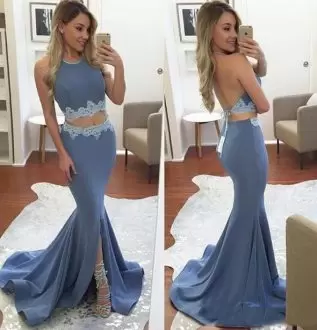 Delicate Blue Scoop Neckline Appliques Sleeveless Backless