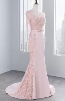 Cheap Pink Scoop See Through Bodice Half Sleeves Lace Mermaid Prom Evening Gown with Train and Belt