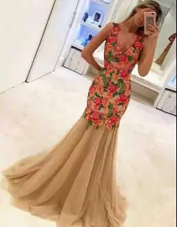 Sleeveless V-neck Sweep Train Lace Up Floor Length Beading and Lace Homecoming Dress Online V-neck