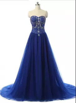 Royal Blue Sweetheart Beaded Corset Prom Dress with Train