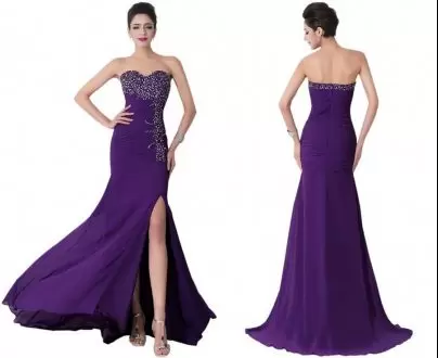 High End Dark Purple Sleeveless Satin Sweep Train Lace Up Prom Dress for Prom and Party