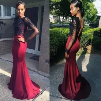 Exceptional Black and Burgundy Long Sleeves Sweep Train Backless Hoco Dress for Prom and Party and Military Ball