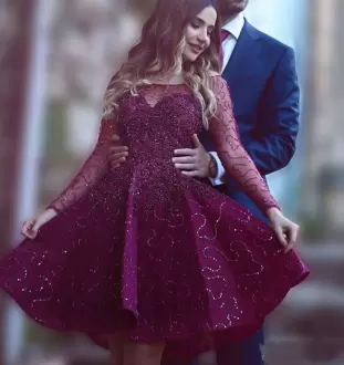 Burgundy Long Sleeves Beading and Sequins Knee Length Prom Gown