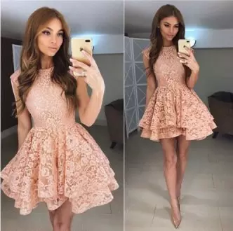 Fancy Peach Scoop Neckline Lace Cap Sleeves Prom Dress