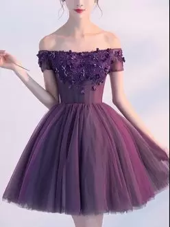 High Class Mini Length Purple Prom Evening Gown Tulle Sleeveless Beading