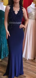 High End Sleeveless Chiffon Sweep Train Zipper Homecoming Party Dress in Navy Blue with Beading and Appliques
