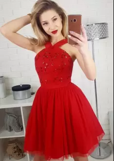 Beautiful Halter Top Sleeveless Zipper Prom Dresses Red Tulle Beading