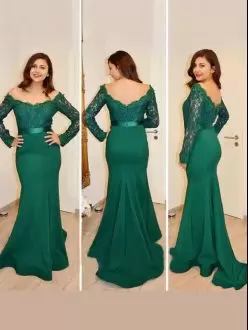 Off The Shoulder Long Sleeves Dress for Prom Floor Length Lace and Sashes ribbons Green