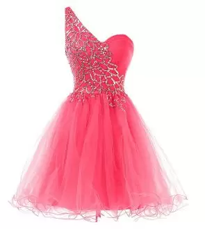 Flare Tulle V-neck Sleeveless Lace Up Beading Homecoming Dresses in Hot Pink and Fuchsia