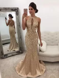 Champagne Mermaid High-neck Sleeveless Satin Sweep Train Backless Beading Evening Outfits