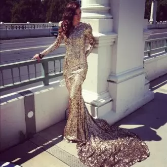Customized Yellow Satin Lace Up Prom Gown Long Sleeves Floor Length Sweep Train Beading and Lace