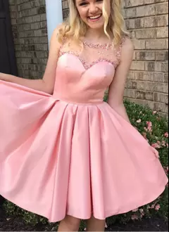 Flare Satin and Tulle Sweetheart Sleeveless Backless Beading Hoco Dress in Pink