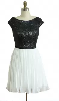 White And Black Zipper Homecoming Dress Pleated Cap Sleeves Mini Length