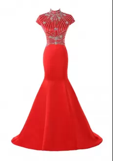 Colorful Red Satin Lace Up Homecoming Gowns Sleeveless Floor Length Sweep Train Beading and Lace
