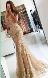 Chic Champagne Backless Prom Dress Appliques Half Sleeves Floor Length
