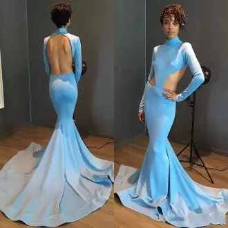 Captivating High-neck Long Sleeves Homecoming Dress Floor Length Court Train Ruching Blue Satin