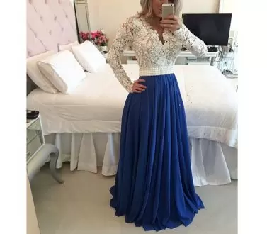 Shining Blue And White Long Sleeves Floor Length Beading Clasp Handle Homecoming Dress V-neck