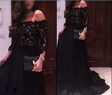Colorful Black A-line Chiffon Off The Shoulder 3 4 Length Sleeve Lace Lace Up Homecoming Gowns Brush Train