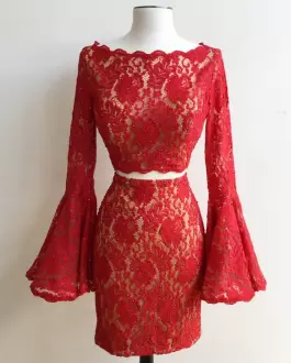 Red Lace Up Scalloped Lace Prom Homecoming Dress Lace Long Sleeves