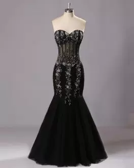 Satin and Tulle Sweetheart Sleeveless Lace Up Beading and Lace in Black