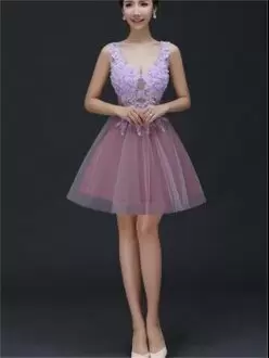 Fantastic Lilac Tulle V-neck Sleeveless Mini Length Prom Evening Gown Lace and Appliques