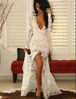 Beautiful Floor Length White Evening Dress Lace Long Sleeves Lace