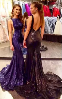 Deluxe Sleeveless Sequins Backless Homecoming Dress Online with Purple Sweep Train