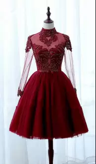 Latest Burgundy Long Sleeves Tulle Lace Up Homecoming Gowns for Prom and Party