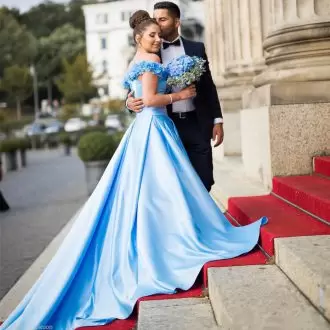 Wonderful Sweetheart Sleeveless Prom Dress Floor Length Sweep Train Beading and Lace Blue Satin